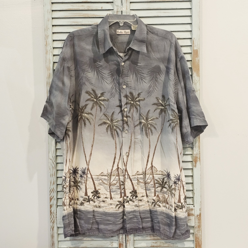 HOLLIS RIVER Mens Hawaiian Shirt XLT Blue Tropical Travel Button Up Casual Top
